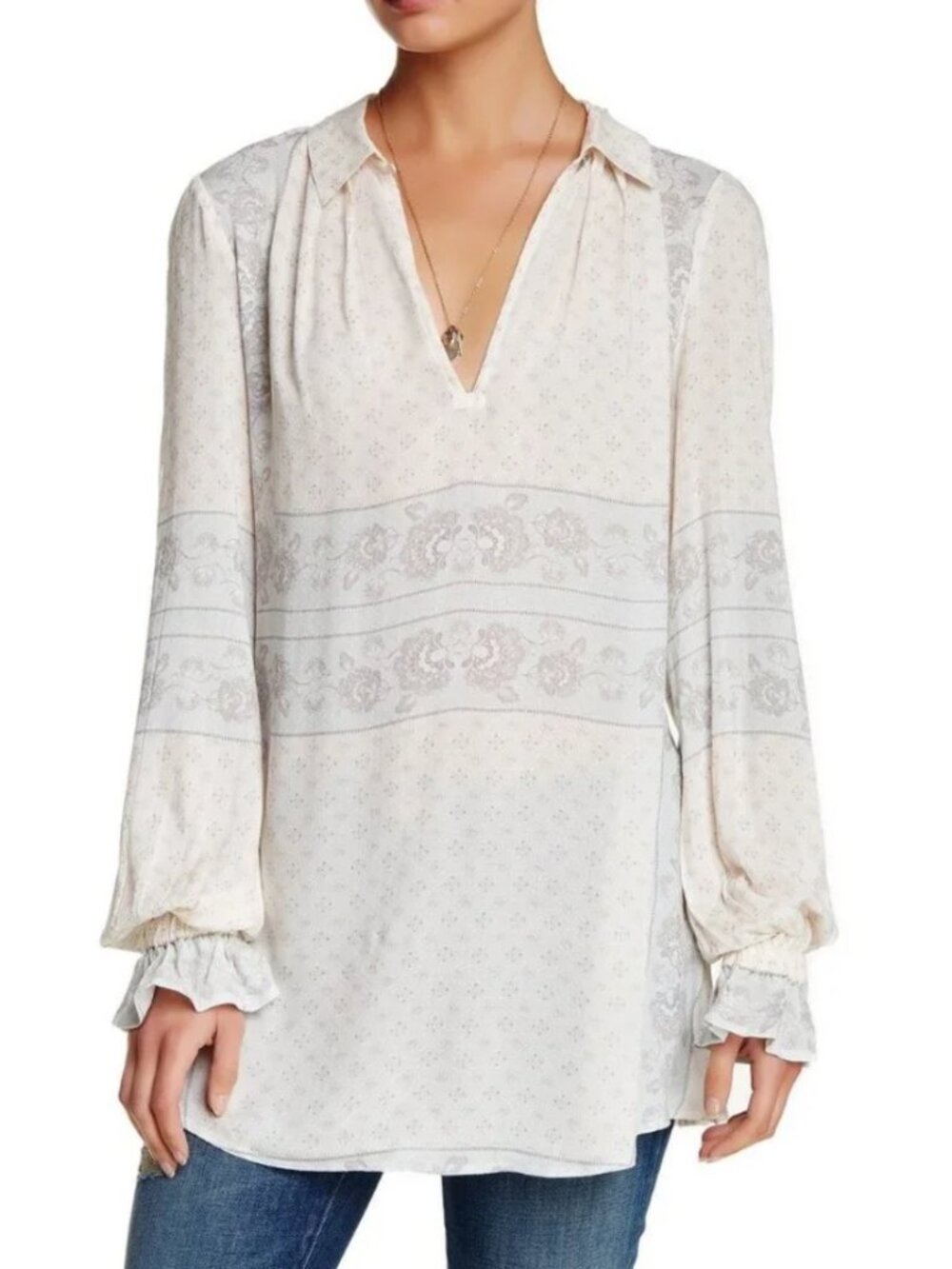 Free People Changing Times Cream Printed Long Sleeve V-Neck Blouse Oversized Top